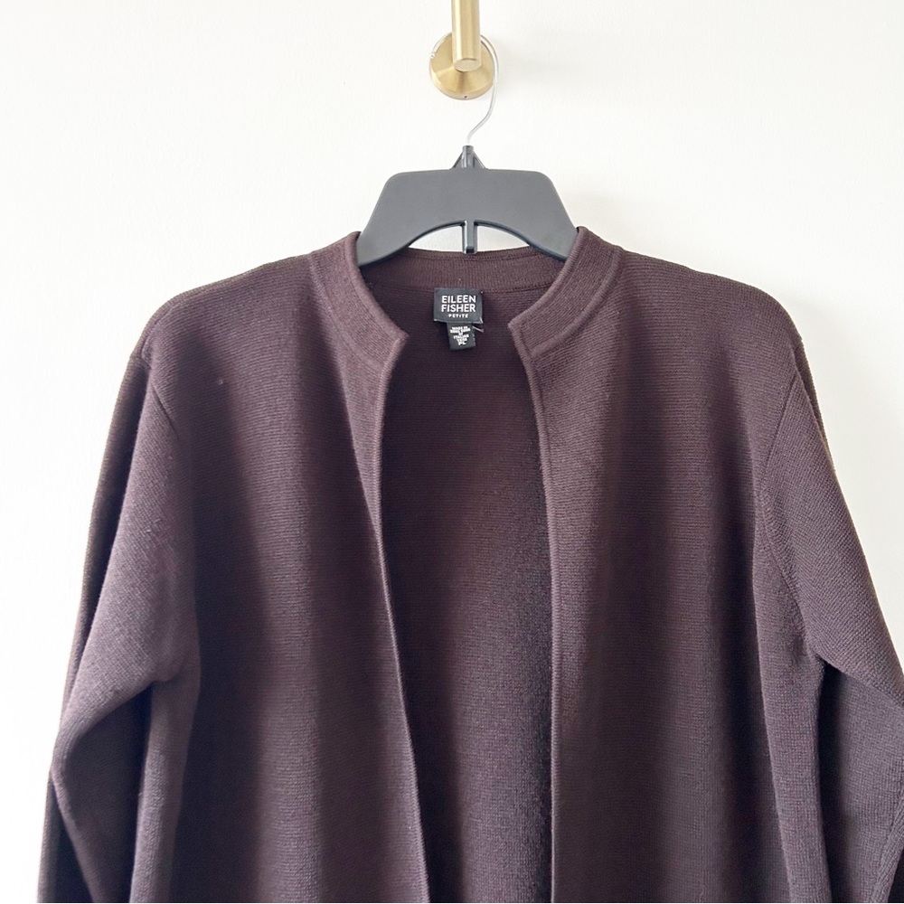 Eileen Fisher 100% Wool Dark Brown Open Front Long Cardigan Sweater Size PL - Picture 2 of 7
